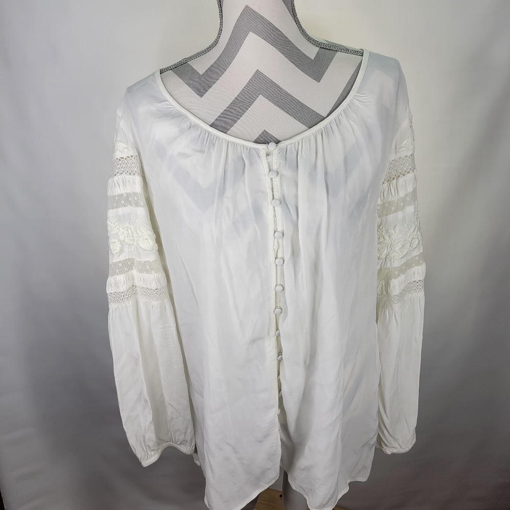 Chicos Embroidered Lace Scoop Neck Boho Peasant Blouse Front Button Size 2 12/14